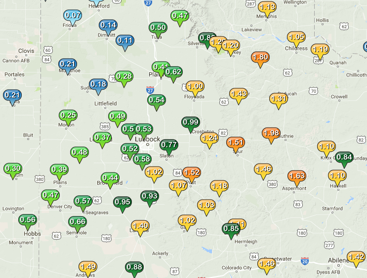 West Texas Mesonet 48-hour rainfall totals measured at 9 am on Sunday, 4 December 2016. Click on the above map for a zoomed out view.