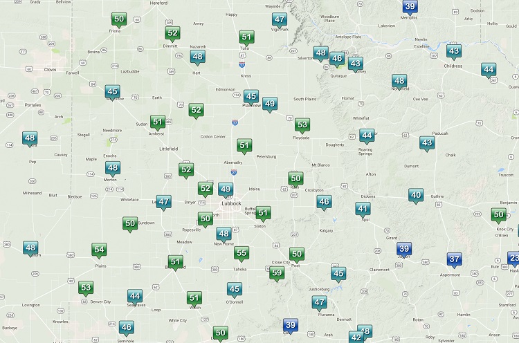 Highest wind gusts across the South Plains area on December 25, 2016