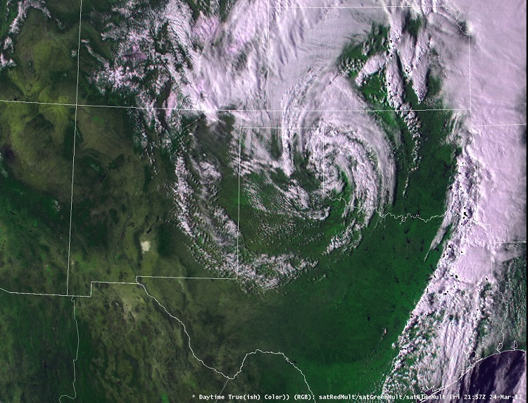 Daytime true(ish) color satellite image captured by GOES-16 at 4:57 pm on 24 March 2017. The GOES-16 data posted on this page are preliminary, non-operational data and are undergoing testing. Users bear all responsibility for inspecting the data prior to use and for the manner in which the data are utilized. 
