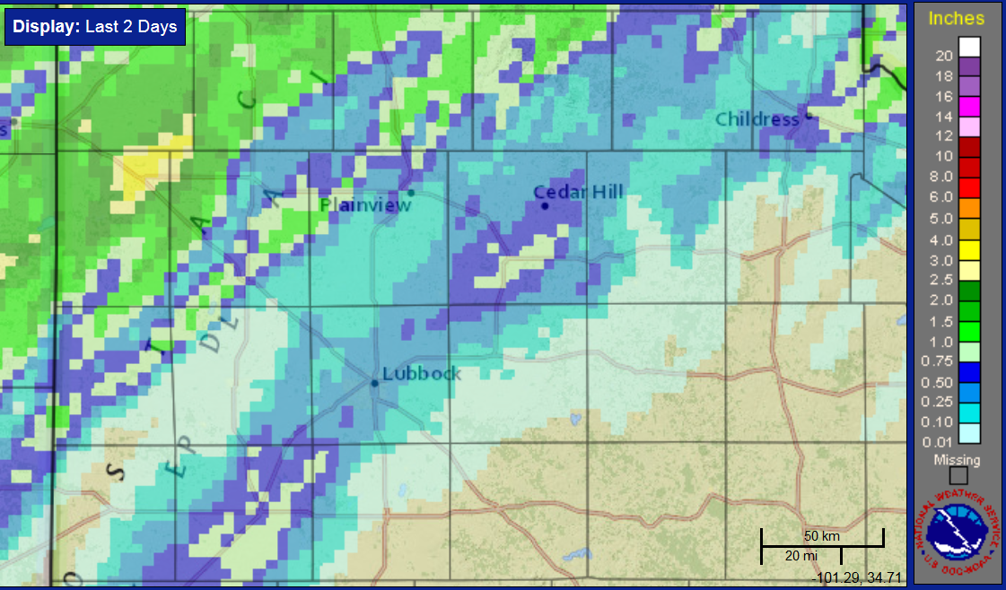 Radar-estimated and bias-corrected 2-day rain totals ending at 4 am on 11 May 2017. Click on the image to view an expanded view that covers the entire region.