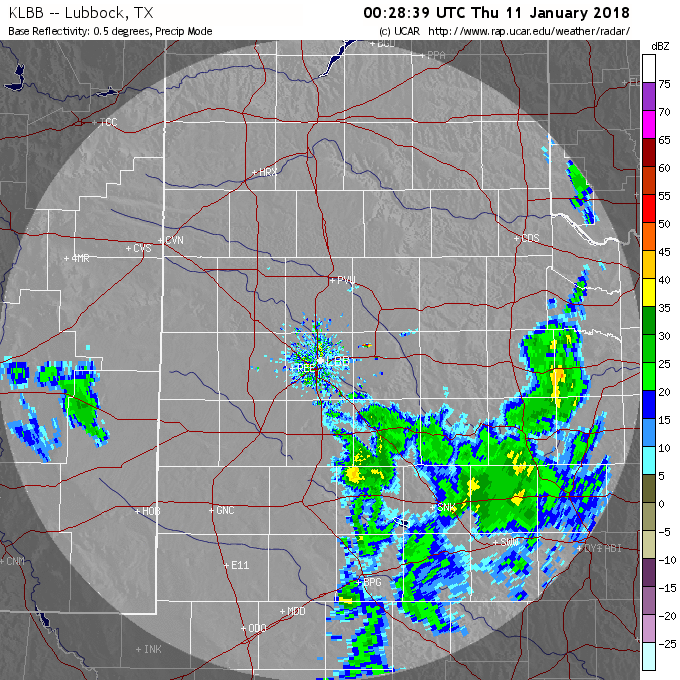 Radar reflectivity image captured from the Lubbock WSR-88D at 6:29 pm on Wednesday, 10 January 2018.
