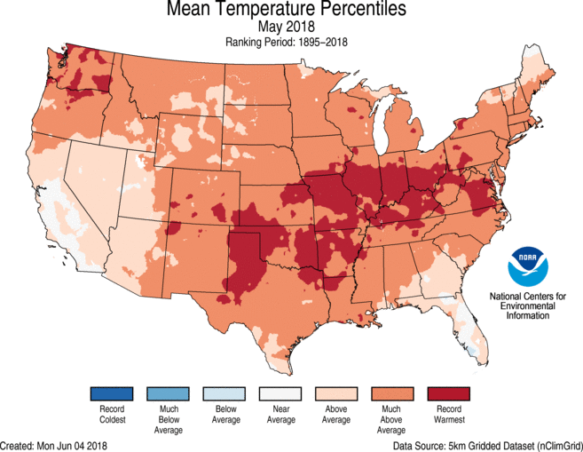 Mean temperature Percentiles for May 2018