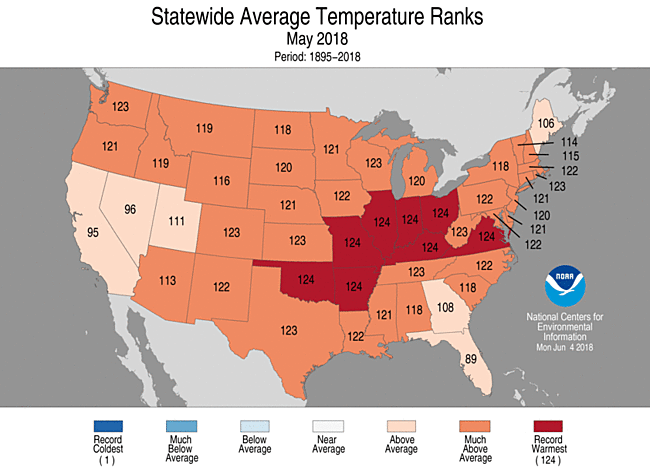 Mean temperature Rank by state for May 2018