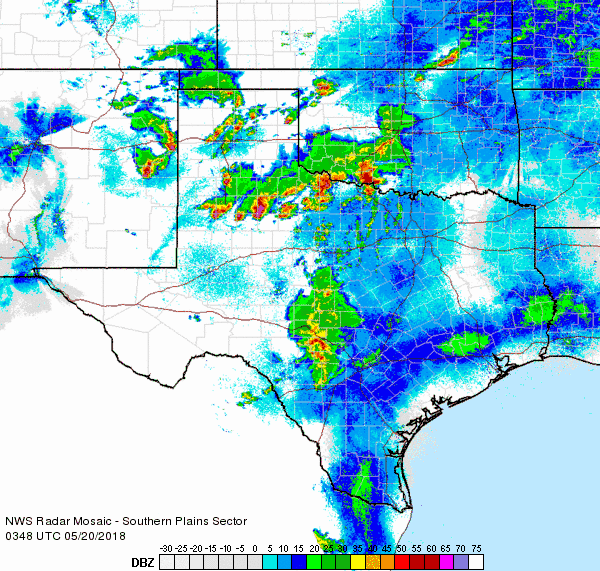 Regional radar animation valid from 10:48 pm to 11:58 pm on 19 May 2018. 