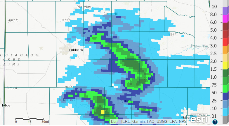 Radar-estimated and bias-correct 24 hour precipitation ending at 7 am on 2 June 2018. 