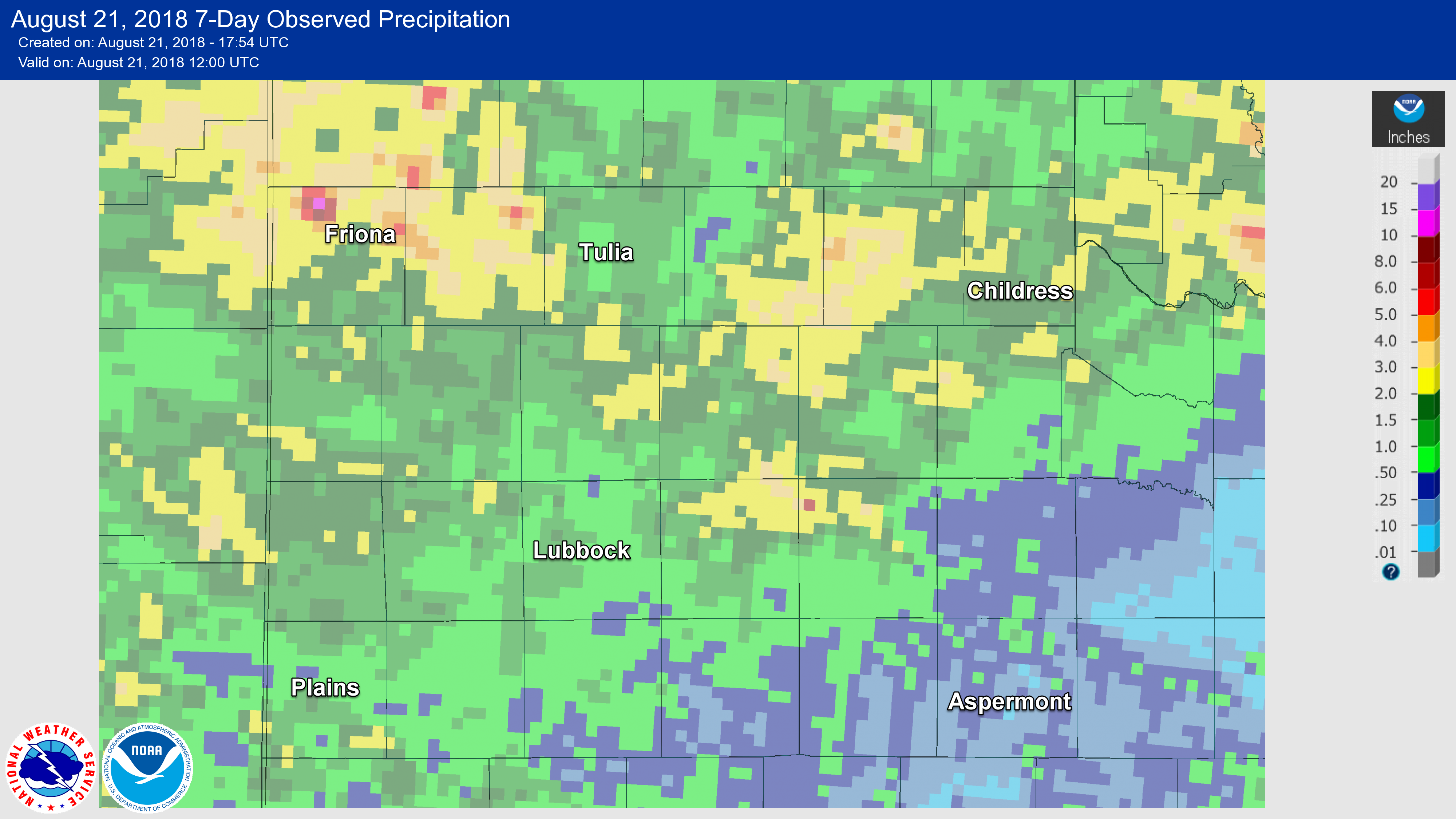 Radar-estimated and bias-corrected 7-day rainfall ending at 7 am on Tuesday, 21 August 2018.