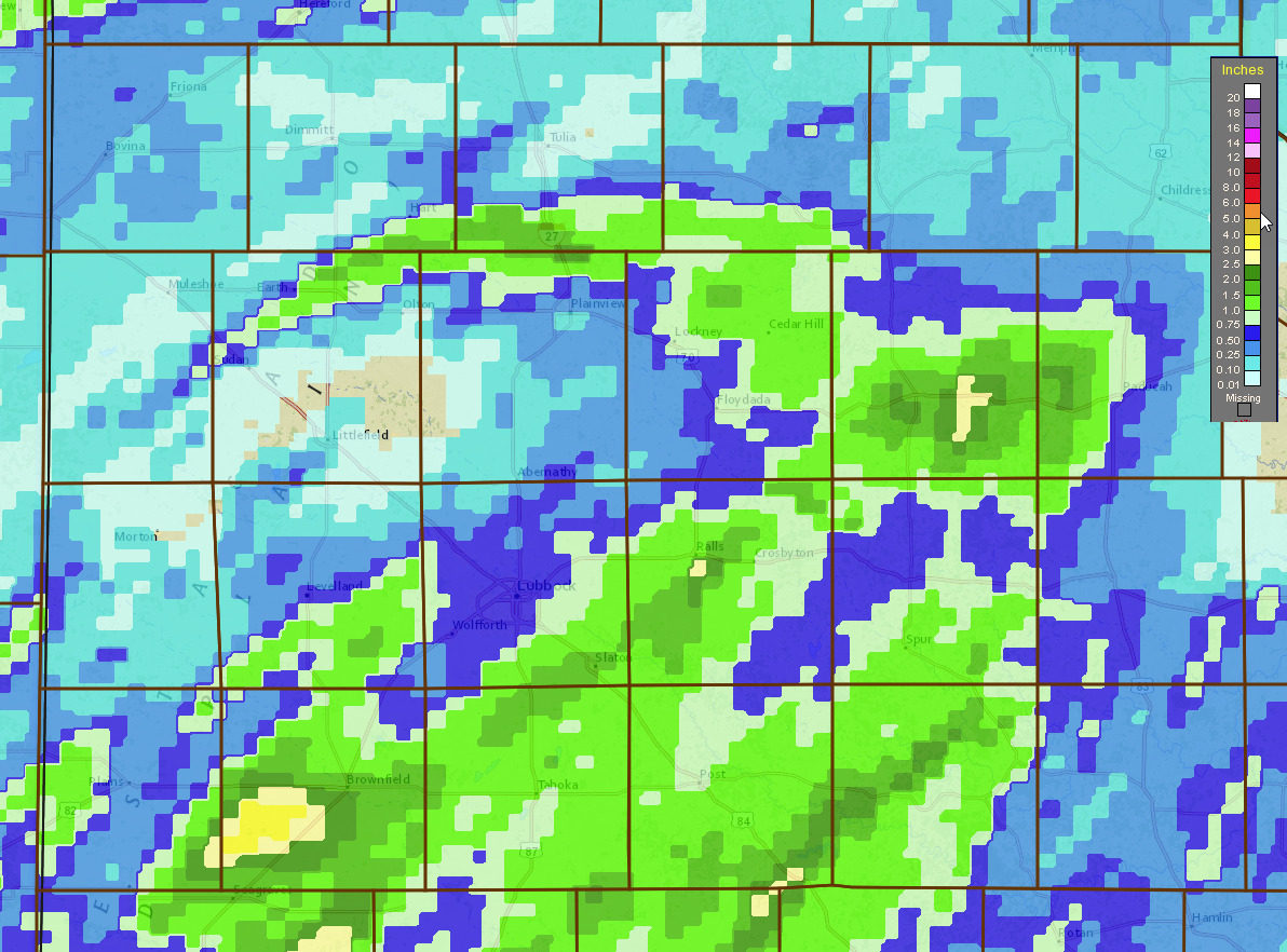 Two-day radar-estimated and bias-corrected rain totals ending at 8 pm on Saturday, 6 October 2018.