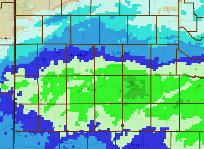 Radar-estimated and bias-corrected liquid water equivalent for the 7-8 December 2018 winter storm. The first shade of green represents 3/4"+, with the second shade of green representing 1"+. 