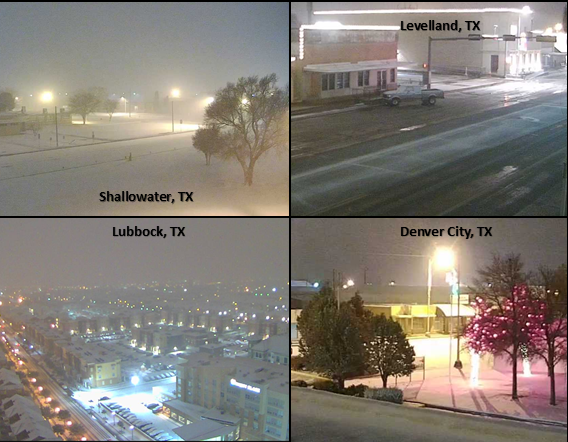 Snow beginning to accumulate at several different locations around the South Plains at 2 am December 8, 2018.