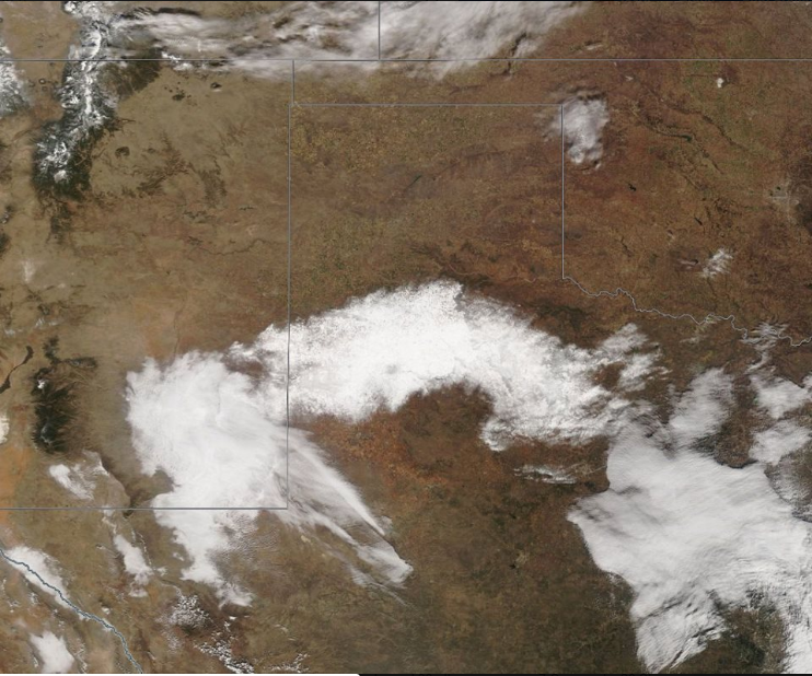 isible satellite image captured on 9 December 2018. The white stretching across the South Plains into the Rolling Plains is the broad snow pack left on the ground after the previous day's storm.