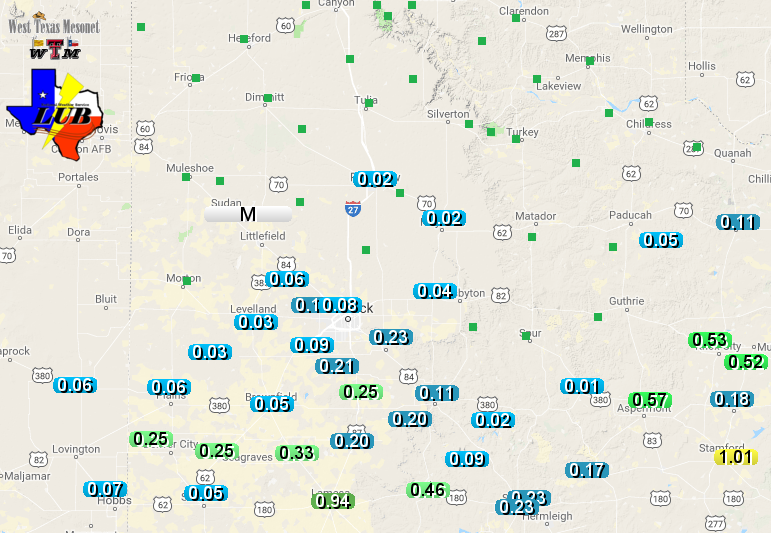 Rainfall measured by the West Texas Mesonet on 13 December 2018.