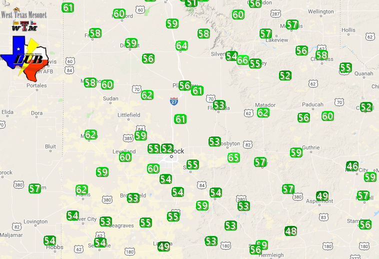 A plot of the peak wind gusts (mph) measured across the South Plains region on 13 December 2018, courtesy of the West Texas Mesonet. Â