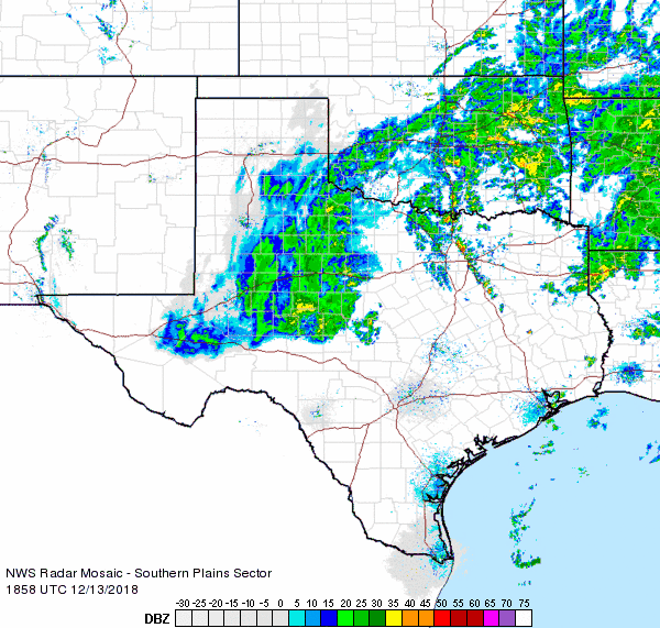 Regional radar animation valid from 12:58 pm to 2:08 pm on 13 December 2018.