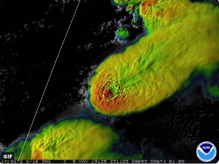 High-resolution satellite imagery captured of the tornadic storm during the afternoon and evening of 5 May 2019