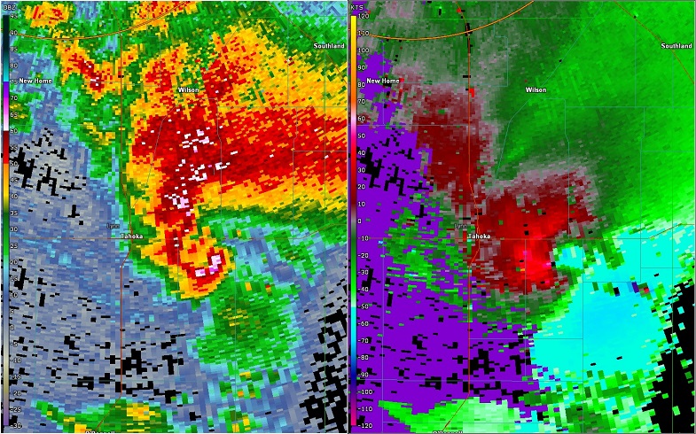 Reflectivity and storm-relative velocity images from the tornadic supercell at 6:13 pm on May 5th, 2019