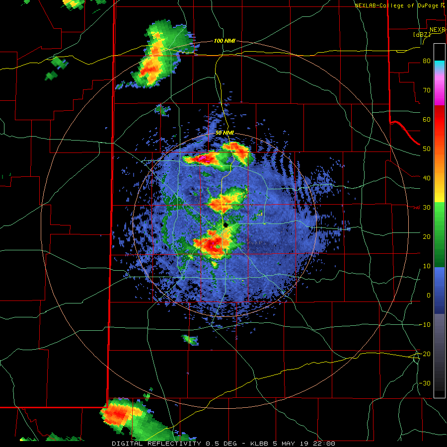 Lubbock WSR-88D radar animation valid from 5:00 pm to 6:53 pm on 5 May 2019.