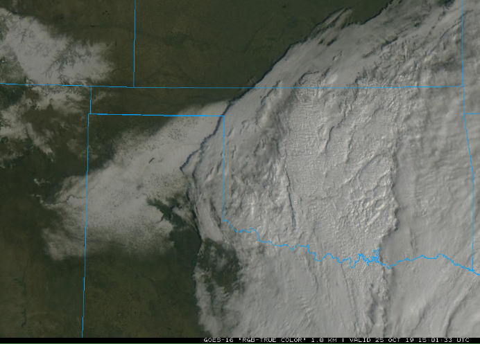 Cold air and the first snow of the season 24 October 2019  Snow falling in Friona at 5:25 pm on Thursday, 24 October 2019. The image is courtesy of KVII.  Late September and early October 2019 brought several rounds of showers and thunderstorms to West Texas. Early on, a few of the storms were strong to severe, but the main theme with this activity was heavy rainfall.Â    Regional radar animation valid from 1:38 am to 2:48 am on 24 October 2019.Â Additional animations can be viewed at:Â 9:58 am to 11:08 am on 24 October 2019;Â 3:38 pm to 4:48 pm on 24 October 2019; andÂ 5:08 pm to 6:18 pm on 24 October 2019.  The unsettled stretch started in earnest Friday night into early Saturday (27-28 September) when a complex of thunderstorms moved out of eastern New Mexico and across the Caprock, persisting into the western Rolling Plains. Many locations received a half inch to over an inch of rain from these overnight storms, which also brought a lot of loud thunder.Â    Water vapor satellite image captured at 2:22 pm on 24 October 2019.Â   Saturday afternoon and evening brought isolated thunderstorms to the region. Most spots remained dry, but one storm did strike the Caprock Canyons area during their Bison Fest celebration, complete with a 58 mph wind gust at the park. A separate storm generated a peak gust of 73 mph west of Earth as it collapsed.   West Texas Mesonet temperatures at 7 pm on 24 October.  The next night (Sunday, September 29th) brought a smaller cluster of thunderstorms out of southeast New Mexico and into the South Plains. Unlike the previous night, drier air was in place aloft. This drier air caused the storms to produce less rainfall while also generating widespread strong to severe wind gusts. Wind gusts near 60 mph were common from Brownfield through the west side of Lubbock and up to Anton. As the remaining showers quickly dissipated, they managed to generate a wind gust measured as high as 70 mph at the Happy West Texas Mesonet at 1:38 am.   Regional radar animation valid from 8:48 pm to 9:58 pm on 24 October 2019.Â   More widespread heavy rainfall then followed just in time to start the month of October. The initial band of heavy rain, fed by tropical moisture off of Tropical Storm Narda, near the Gulf of California, developed Monday night into early Tuesday. The rain band repeatedly trained over the western Texas Panhandle into southeast New Mexico and Far West Texas. Locations under this band of rain saw 2 to 3+ inches of rain, which did cause some minor flooding issues. Additional rounds of moderate to heavy rain followed Tuesday evening/night, primarily across the Texas Panhandle into the northwestern South Plains, while a few storms strayed further east by Wednesday (October 2nd). One final round of rain followed on Thursday as a cold front sagged through the region.   Select plot of observed snowfall totals centered on the Texas Panhandle from 24-25 October 2019. A regional view of the same information can beÂ VIEWED HERE.  By the time all was said and done, 3 to 6+ inches of rain had fallen across the southwest Texas Panhandle and northwest South Plains. The rain totals quickly decreased with eastern extentÂ and the eastern Rolling Plains missed out on the rain altogether. Officially, the Lubbock Airport recorded 2.29 inchesÂ of rain between September 28th and October 4th. This boostedÂ the annual rain total 22.55 inches, some 6.71 inches above the normal year-to-date value. The widespread heavy rainfall did help to squish the late summer drought that had briefly tried to rear its ugly head.  A listing of the preliminary storm and floodingÂ reports for this active stretch fall weather can be found below.    Composite "True Color" satellite image captured at 10:01 am on 25 October 2019. The white represents clouds over much of Oklahoma, North Texas and the far eastern Texas Panhandle, but snow over the remainder of the Panhandles and northeast New Mexico.