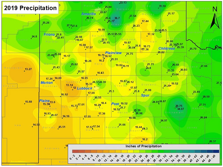 This map shows the 2019 precipitation measured by weather stations.