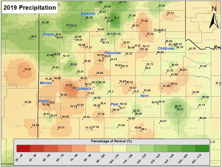 This map shows the 2019 precipitation as percent of the 30-year average.