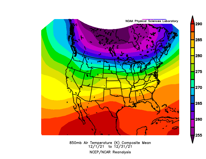 Average December temperature at 850mb for the United States in December 2021