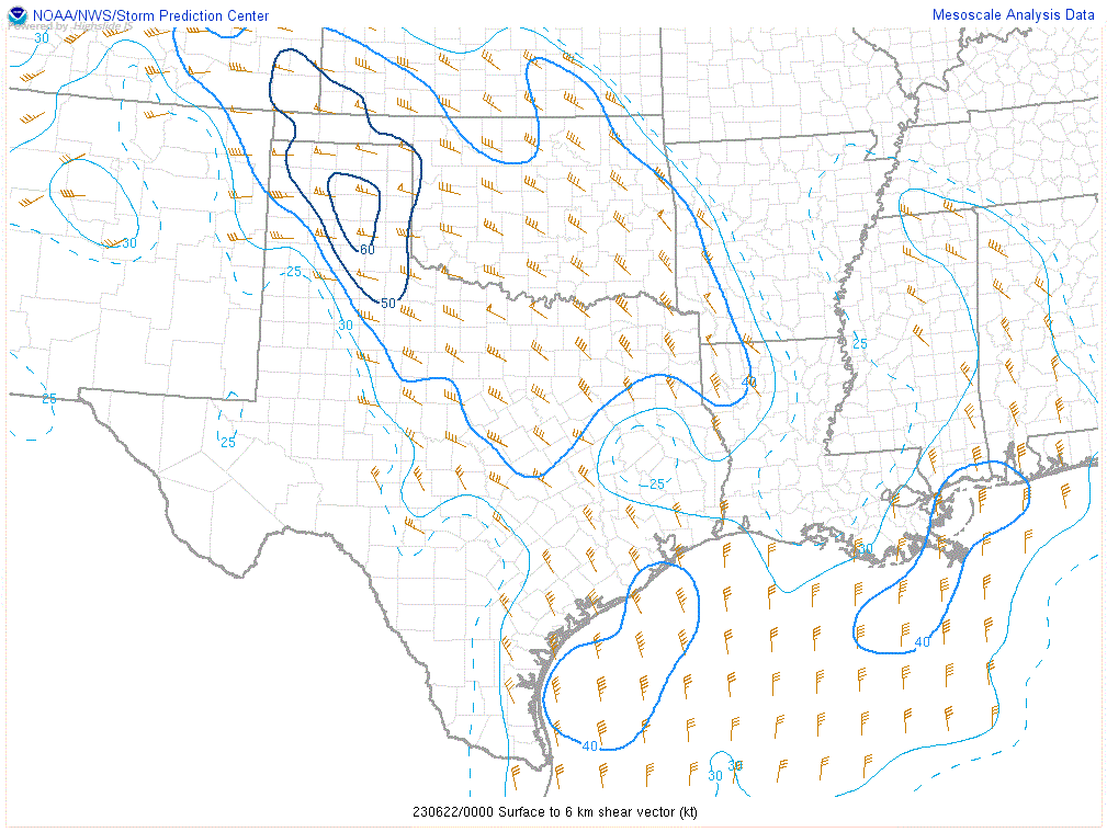 Surface to 6 km shear vector at 00Z on 22 June 2023