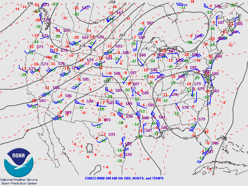 500 mb observations, with heights and, temperatures contoured at 00Z on 22 June 2023