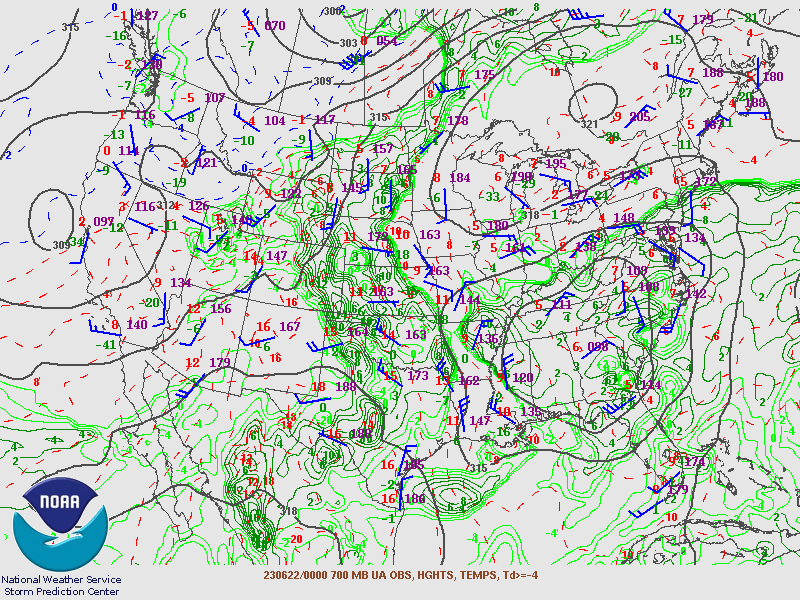 700 mb observations, with heights, temperatures and dewpoints contoured at 00Z on 22 June 2023