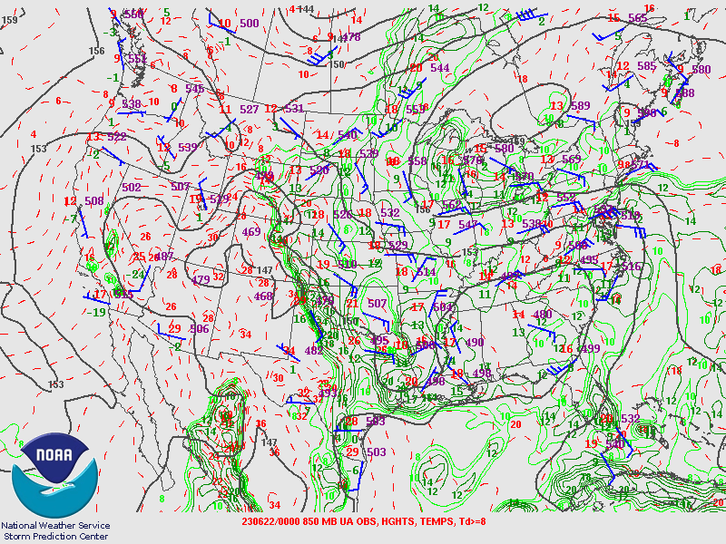 850 mb observations, with heights, temperatures and dewpoints contoured at 00Z on 22 June 2023