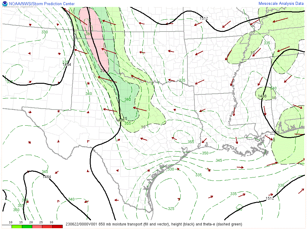 850 mb moisture transport, height and theta-e at 00Z on 22 June 2023