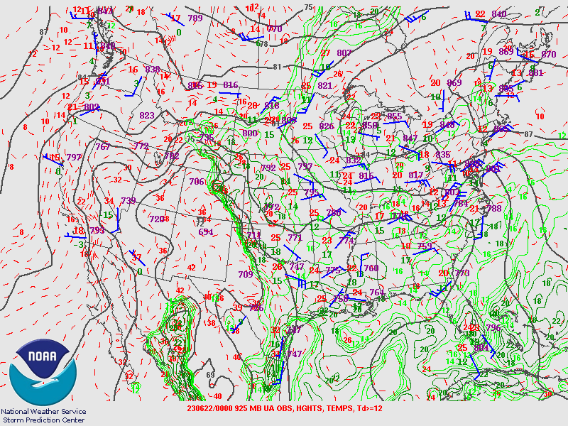 925 mb observations, with heights, temperatures and dewpoints contoured at 00Z on 22 June 2023