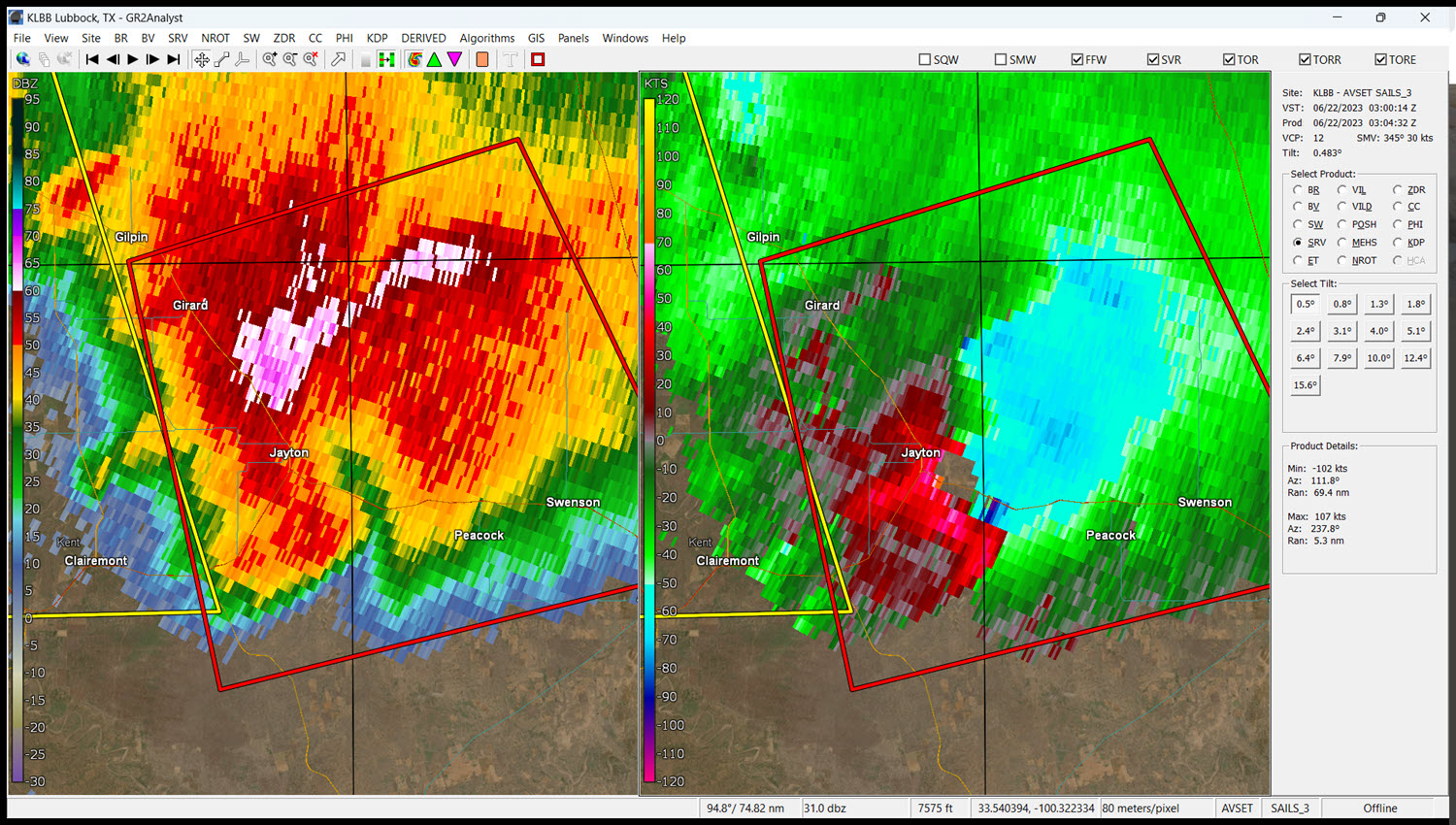 Reflectivity (left) and Velocity (right) Data from the Lubbock WSR-88D while damaging winds are affecting Jayton.