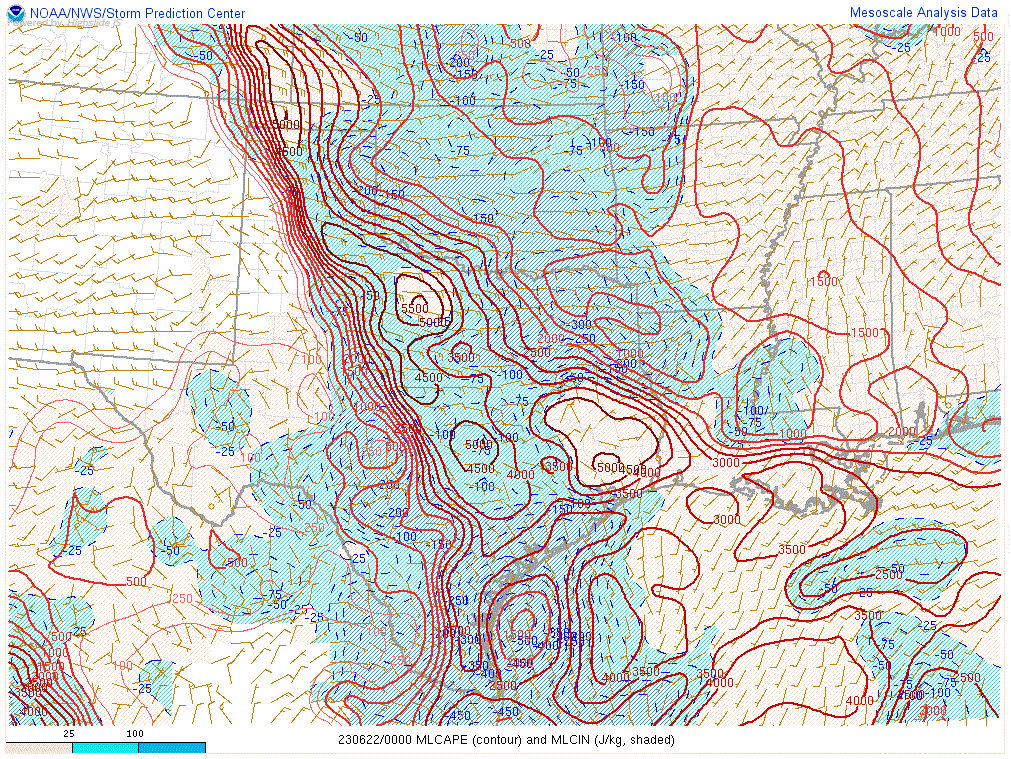 MLCAPE and MLCIN at 00Z on 22 June 2023