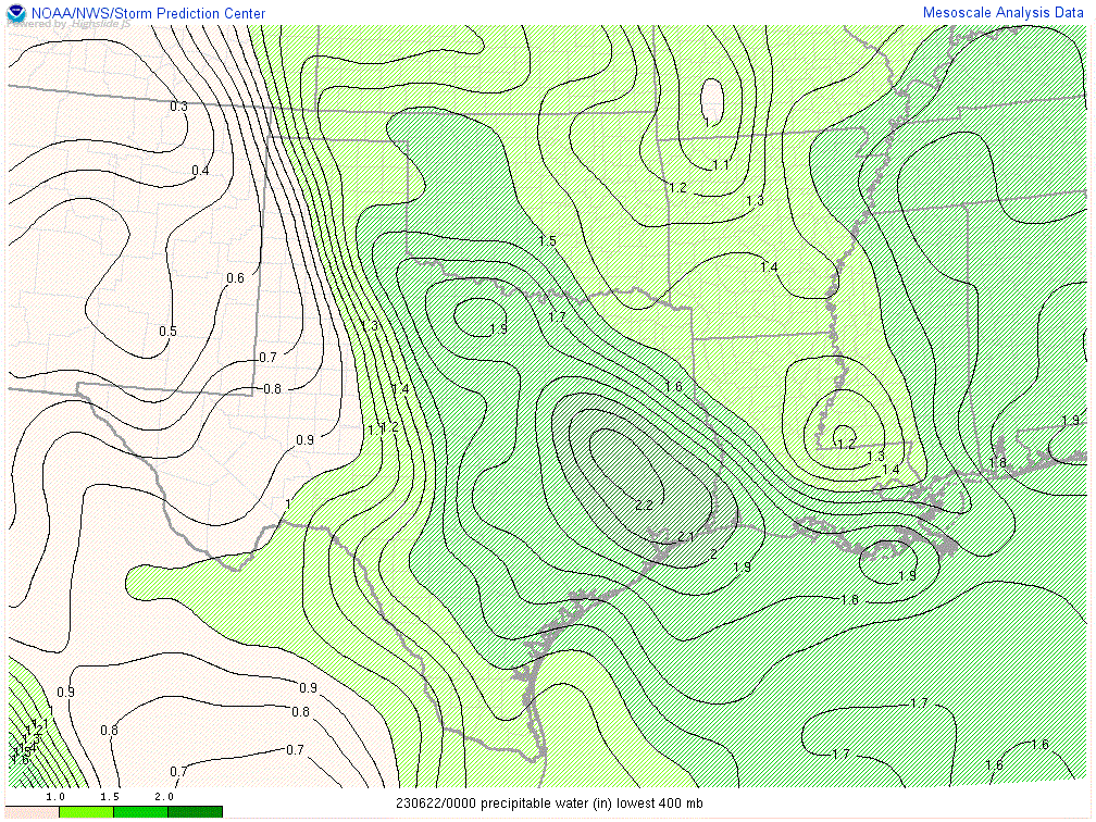 Precipitable Water at 00Z on 22 June 2023