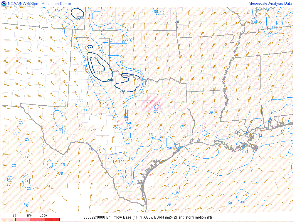 Effective Storm Relative Helicity and Bunkers storm motion at 00Z on 22 June 2023