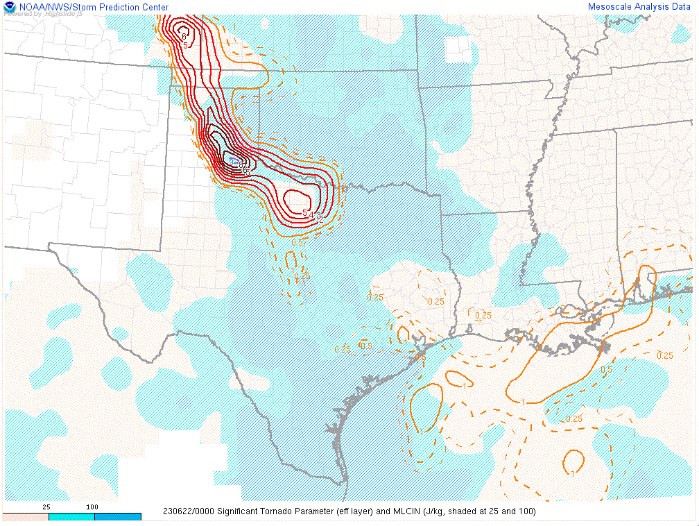 Significant Tornado Parameter (effective layer) and MLCIN at 00Z on 22 June 2023