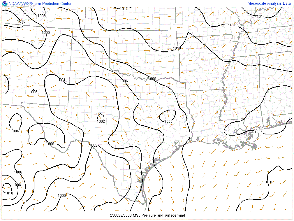 Mean sea level pressure and surface wind at 00Z on 22 June 2023