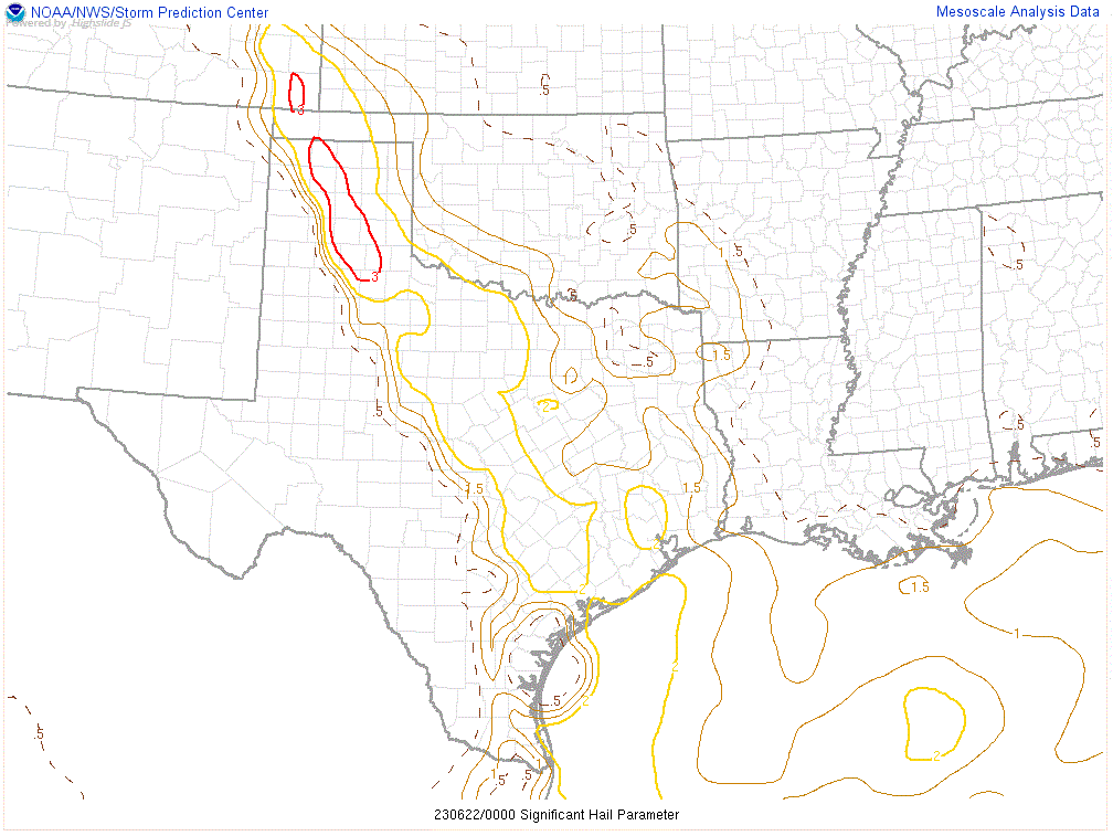 Significant Hail Parameter at 00Z on 22 June 2023