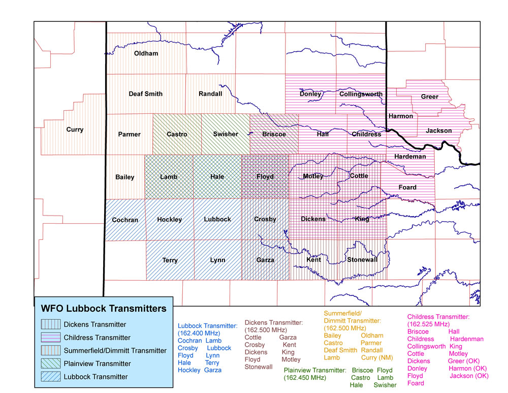 Image of counties that are toned for the various Lubbock NOAA Weather Radio Transmitters.