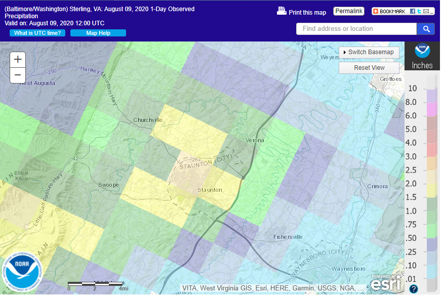 Radar Estimated Precipitation for the Staunton Flood on August 8th, 2020