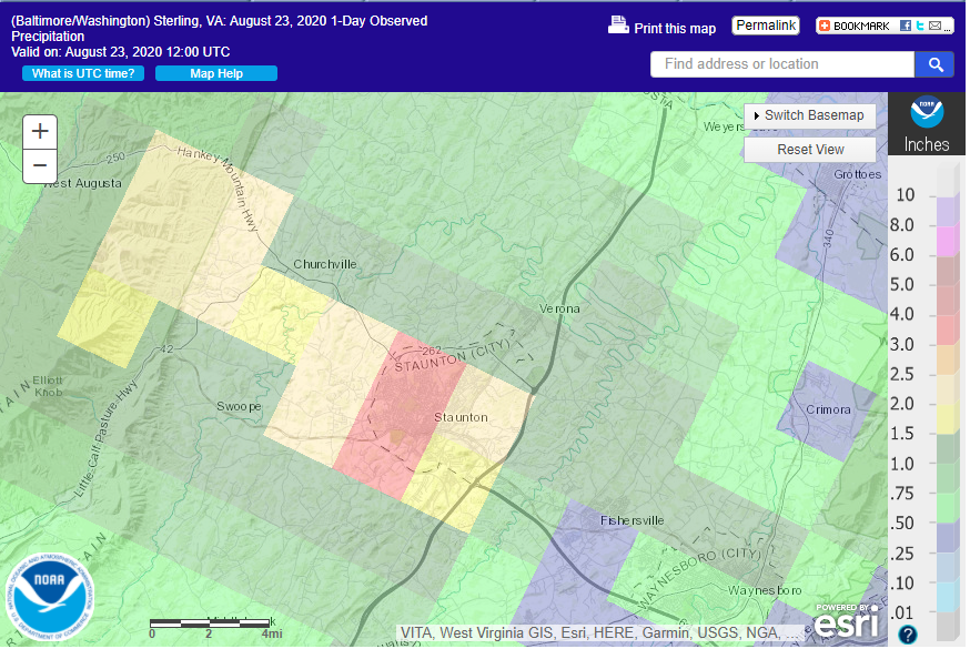 Radar Estimated Precipitation for the Staunton Flood on August 22nd, 2020
