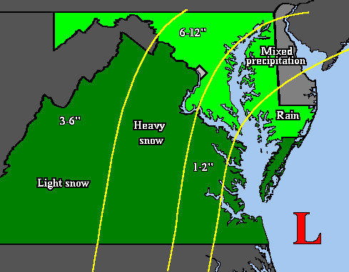 diagram of Low pressure moving up the east coast