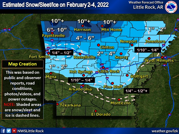 There was heavy snow in northwest Arkansas, and heavy sleet/some snow toward central sections of the state mainly on 02/03/2022 and early on the 4th. Across the west central, southern, and eastern counties, significant ice was noted in places.
