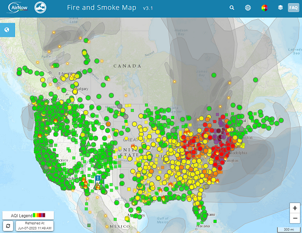 An EPA air quality map of the US and Canada. 