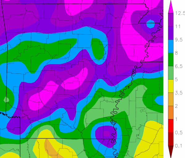 Precipitation across Arkansas.