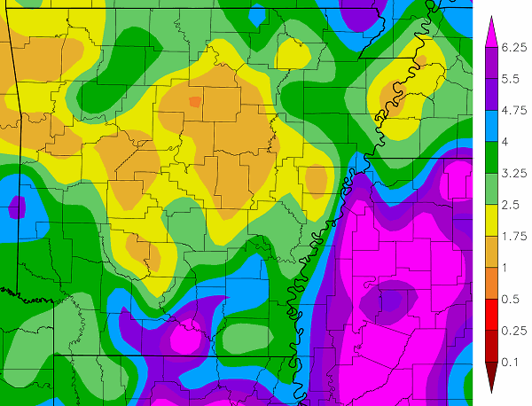Precipitation across Arkansas.