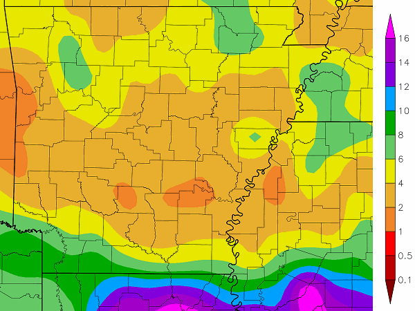 Precipitation across Arkansas.