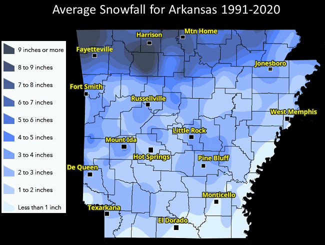 Average annual snowfall across Arkansas (based on 1991-2020 normals).