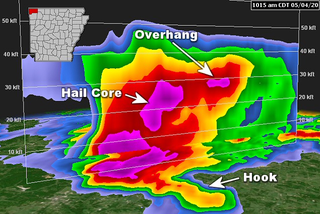 The WSR-88D (Doppler Weather Radar) showed a supercell (storm with rotating updrafts) near Bentonville (Benton County) at 1015 am CDT on 05/04/2020. On the southwest side of the storm, there was a classic hook echo and some rotation but no tornado. Meanwhile, a large overhang suggested that powerful updrafts were suspending hailstones aloft so they could grow.