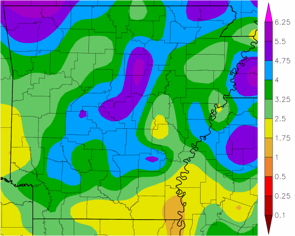 Precipitation across Arkansas.