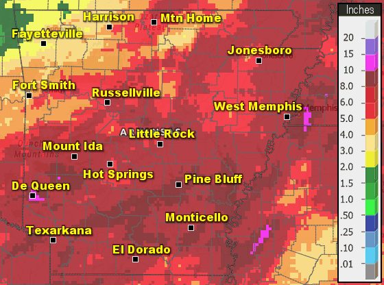Precipitation across Arkansas.